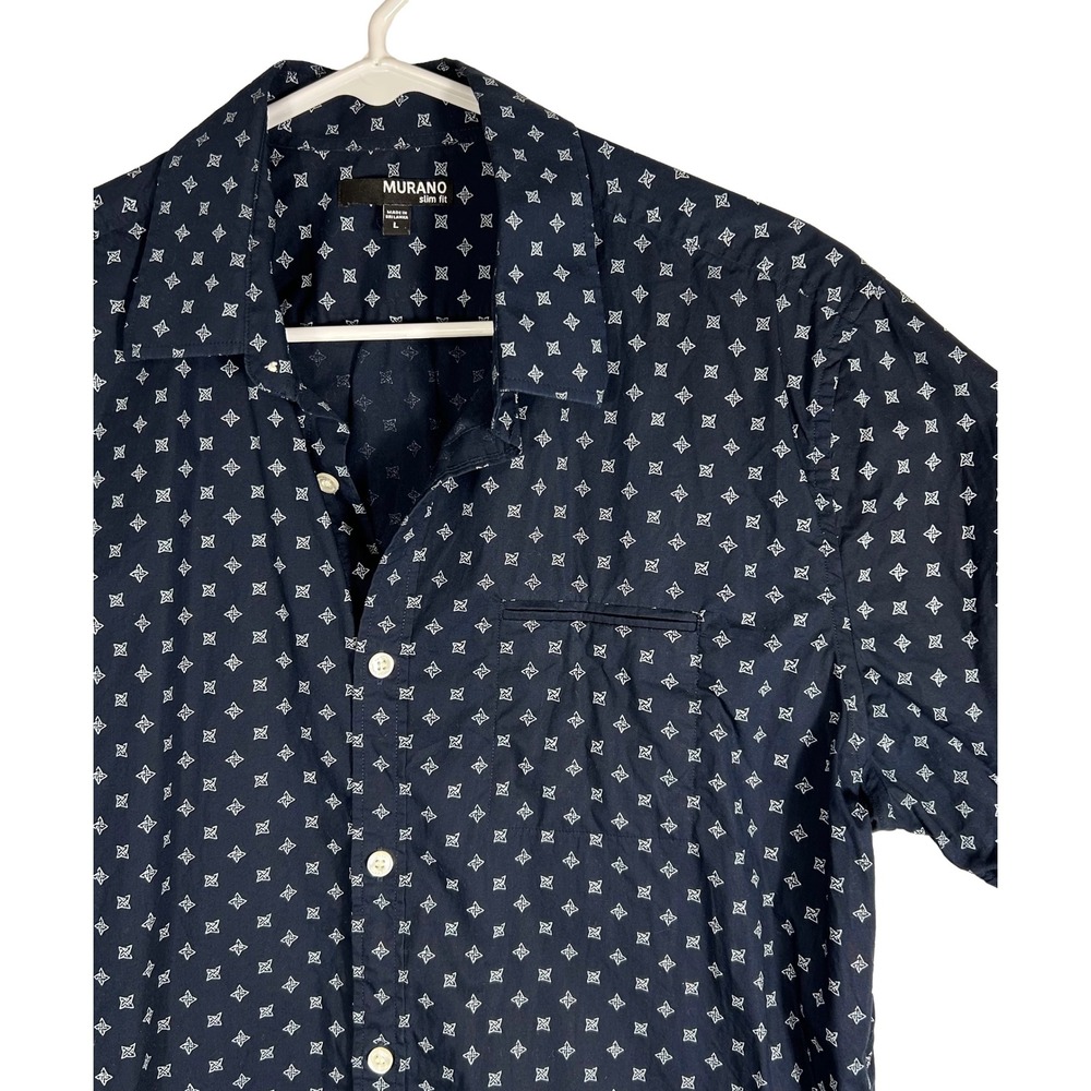 Murano Mens Slim Fit Short Sleeve Button Down Shirt Navy Blue Geometric Star L